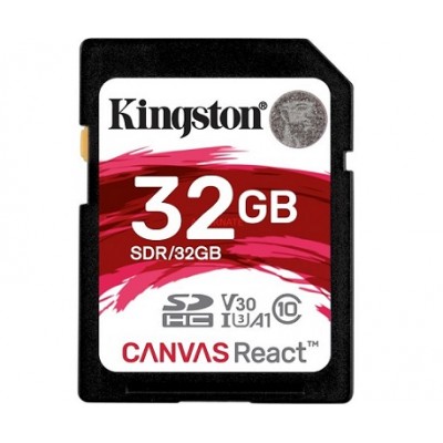 32GB SD Class10 UHS-I U3 (V30)  Kingston Canvas React, Ultimate, 633x, Read: 100Mb/s, Write: 80Mb/s, Water/Shock and vibration/Temperature proof, Protected from airport x-rays, Ideal for shooting burst-mode photos and 4K video