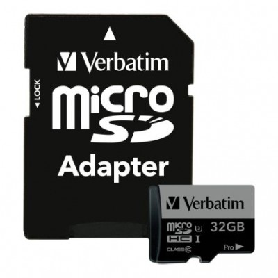 32GB microSD Class10 U3 UHS-I V30 + SD Adapter  Verbatim Pro U3 microSDXC, 600x, Read up to: 90MB/s, Write up to: 45MB/s