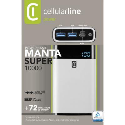 Power Bank Cellularline 10000mAh, QC HD Polimer Battery, White