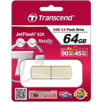  64GB USB3.1 Flash Drive Transcend "JetFlash 820", Gold, Metal Case, Luxury Design (R/W:90/30MB/s)