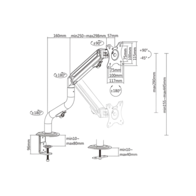 Table/desk display mounting arm Gembird (rotate,tilt,swivel),17”-32”,up to 9 kg,VESA:75x75,100x100