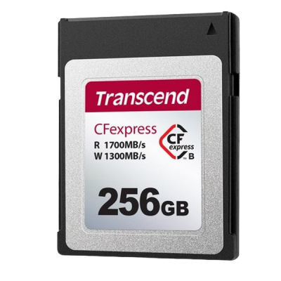 256GB CFexpress 2.0 Type B (PCIe 3.0 x2, NVMe 1.3), Transcend "TS256GCFE820" (R/W: 1700/1300MB/s)