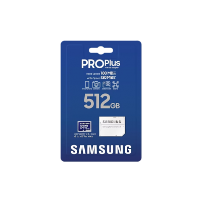 512GB MicroSD (Class 10) UHS-I (U3) +SD adapter, Samsung PRO Plus "MB-MD512SA" (R/W:180/130MB/s)