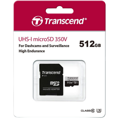 512GB MicroSD (Class 10) UHS-I (U3),+SD adapter, Transcend "TS512GUSD350V" (R/W:95/45MB/s,Endurance)
