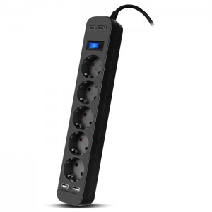 Surge Protector   5 Sockets,  3.0m,  Sven SF-05LU, 2 USB ports charging (2.4A), Black