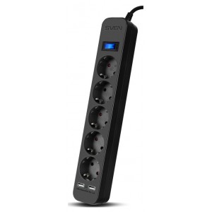 Surge Protector   5 Sockets,  1.8m,  Sven SF-05LU, 2 USB ports charging (2.4A), Black