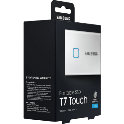 1.0TB (USB3.2/Type-C) Samsung Portable SSD T7 Touch, FP ID, Silver (85x57x8mm, 58g, R/W:1050MB/s)