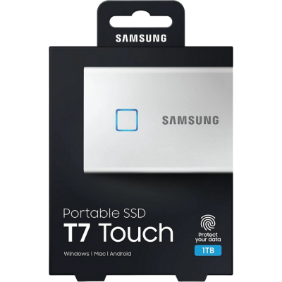 1.0TB (USB3.2/Type-C) Samsung Portable SSD T7 Touch, FP ID, Silver (85x57x8mm, 58g, R/W:1050MB/s)