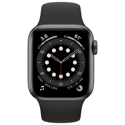 Apple Watch Series 6 GPS, 44mm, Aluminum Case with Black Sport Band, M00H3 GPS, Space Gray 