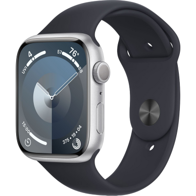 Apple Watch Series 9 GPS, 45mm Silver Aluminium Case with Storm Blue Sport Band - S/M, MR9D3