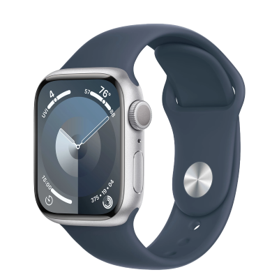 Apple Watch Series 9 GPS, 41mm Silver Aluminium Case with Storm Blue Sport Band - S/M,Model MR903QR