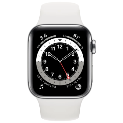 Apple Watch Series 6 GPS, 44mm Aluminum Case with White Sport Band, M00D3 GPS, Silver