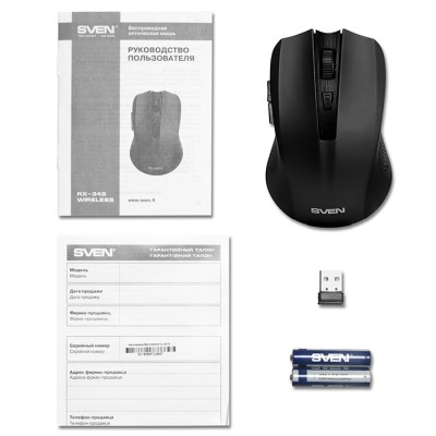 Wireless Mouse SVEN RX-350W, Optical, 600-1400 dpi, 6 buttons, Soft Touch, 2xAAA, Black