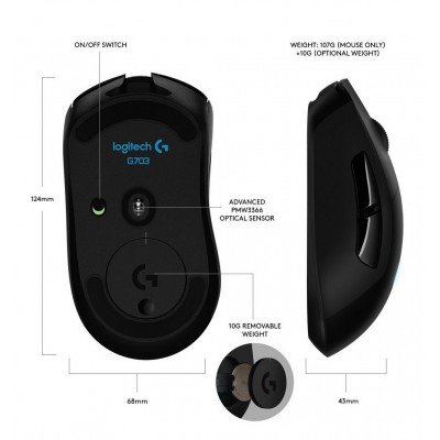  Wireless Gaming Mouse Logitech G703 Lightspeed, Optical, 200-12000 dpi, 6 buttons, Ergonomic, 2xAA